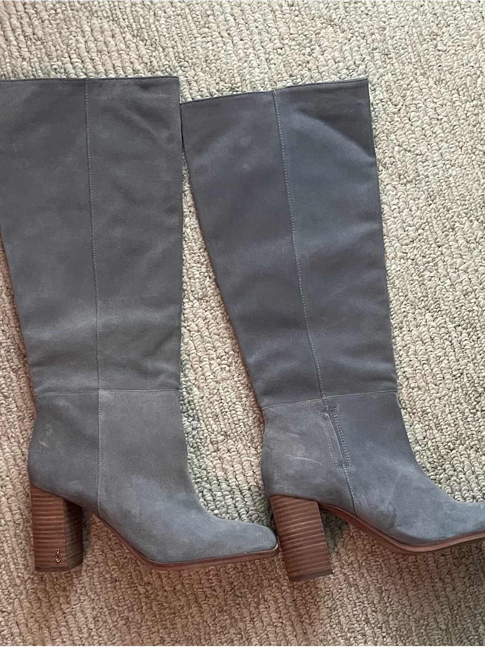 Sam Edelman Gray Suede Knee-High Block Heel Boots with Wood Stacked Heel
